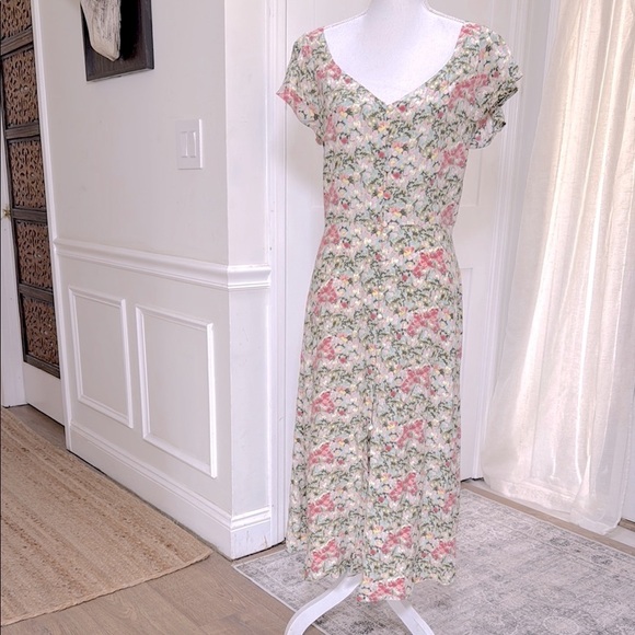 Loft Floral V-Neck Button Closure Midi Dress Short Sleeve 100% Rayon A line L - Picture 2 of 11